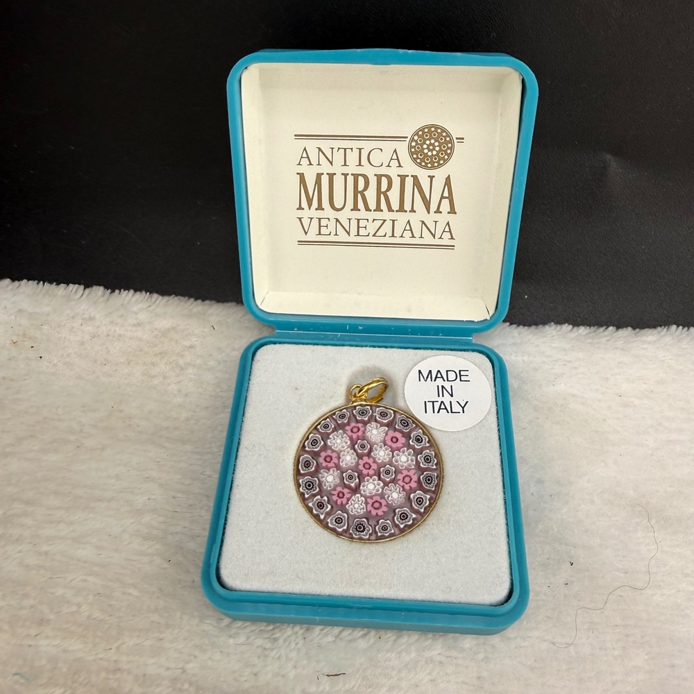 Antica Murrina Veneziana Pendant Pink Millefiori Murano Glass Gold Tone Italy